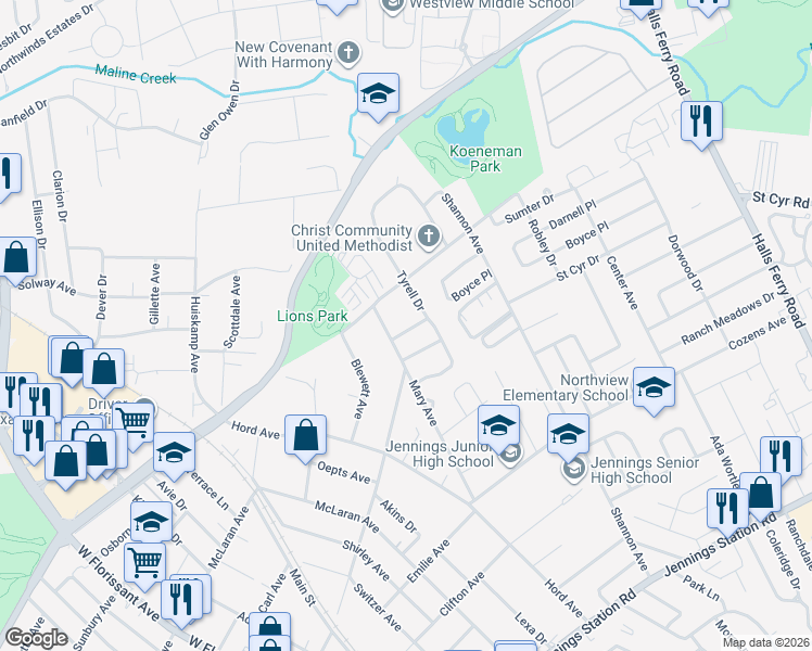map of restaurants, bars, coffee shops, grocery stores, and more near 8813 Wiedle Place in Jennings
