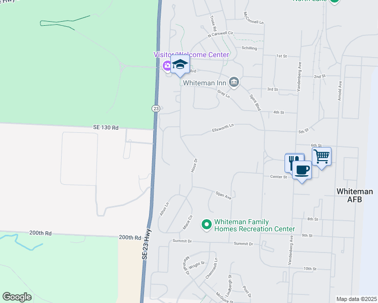 map of restaurants, bars, coffee shops, grocery stores, and more near Houx Drive in Whiteman Air Force Base