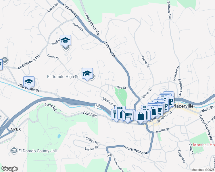 map of restaurants, bars, coffee shops, grocery stores, and more near 603 Canal Street in Placerville