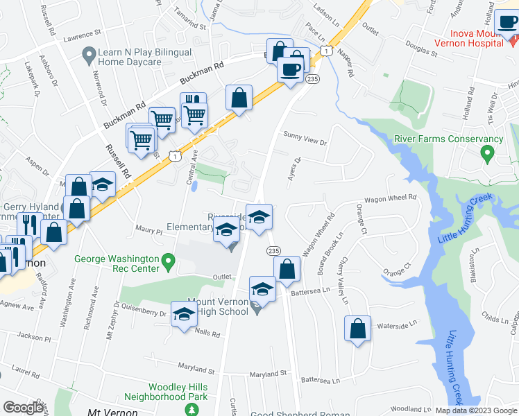 map of restaurants, bars, coffee shops, grocery stores, and more near 8315 Old Mount Vernon Road in Alexandria