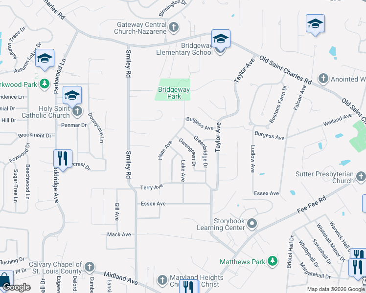 map of restaurants, bars, coffee shops, grocery stores, and more near 3244 Lake Avenue in Bridgeton