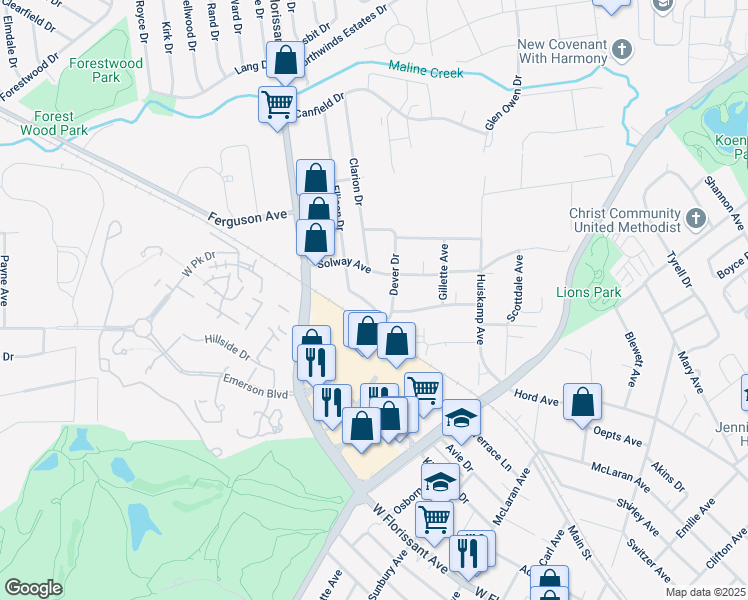 map of restaurants, bars, coffee shops, grocery stores, and more near 3029 Meadowlark Avenue in Jennings
