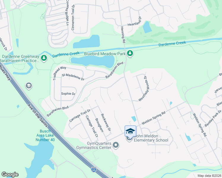 map of restaurants, bars, coffee shops, grocery stores, and more near 214 Toussaint Landing Drive in Dardenne Prairie