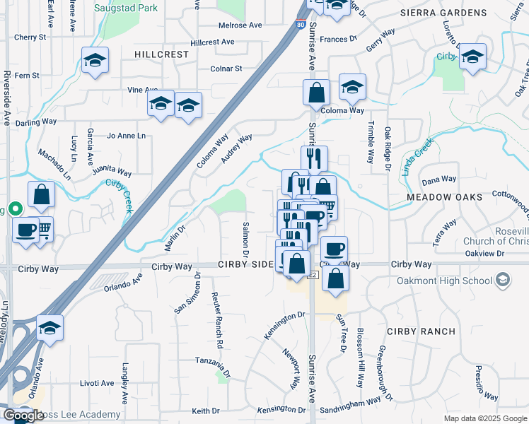 map of restaurants, bars, coffee shops, grocery stores, and more near 1015 Madden Lane in Roseville