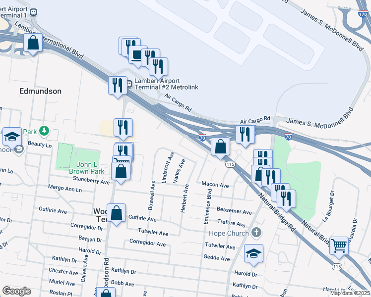 map of restaurants, bars, coffee shops, grocery stores, and more near 9963 Sloane Square in St. Louis