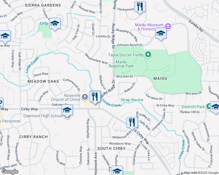 map of restaurants, bars, coffee shops, grocery stores, and more near 1893 Balboa Drive in Roseville