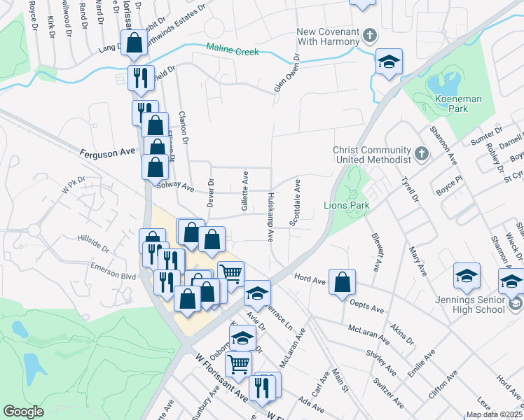 map of restaurants, bars, coffee shops, grocery stores, and more near 8915 Huiskamp Avenue in Jennings
