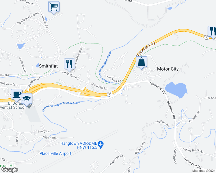 map of restaurants, bars, coffee shops, grocery stores, and more near 2161 Smith Flat Road in Placerville