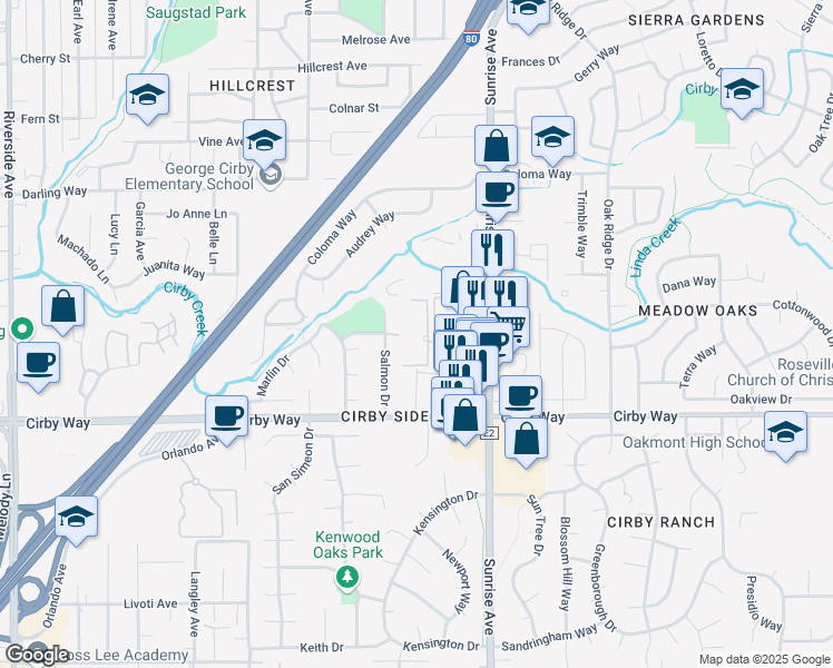 map of restaurants, bars, coffee shops, grocery stores, and more near 1015 Madden Lane in Roseville