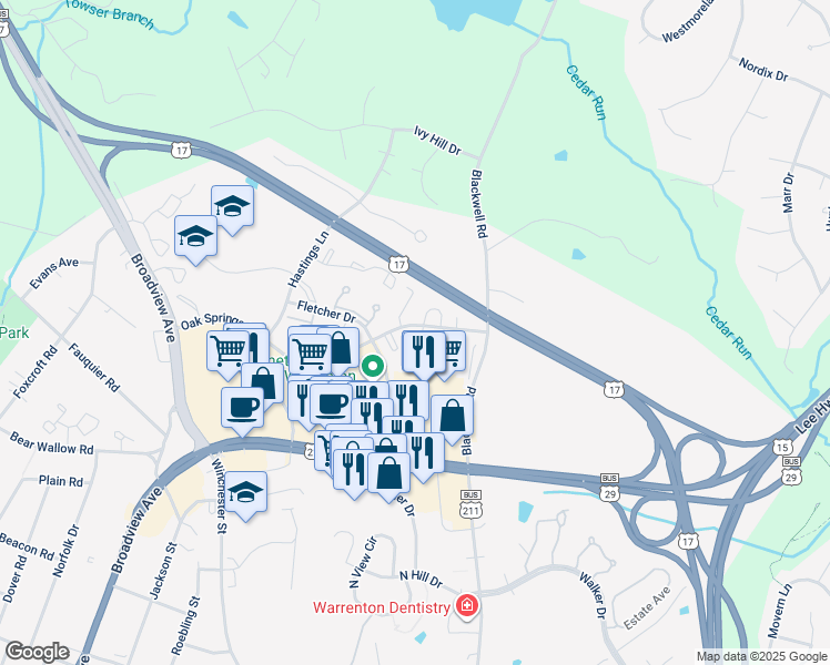 map of restaurants, bars, coffee shops, grocery stores, and more near 728 Pine Tree Ct in Warrenton
