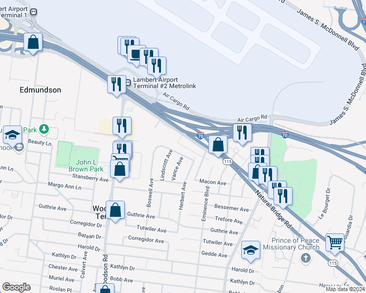 map of restaurants, bars, coffee shops, grocery stores, and more near 9215 Leith Avenue in St. Louis