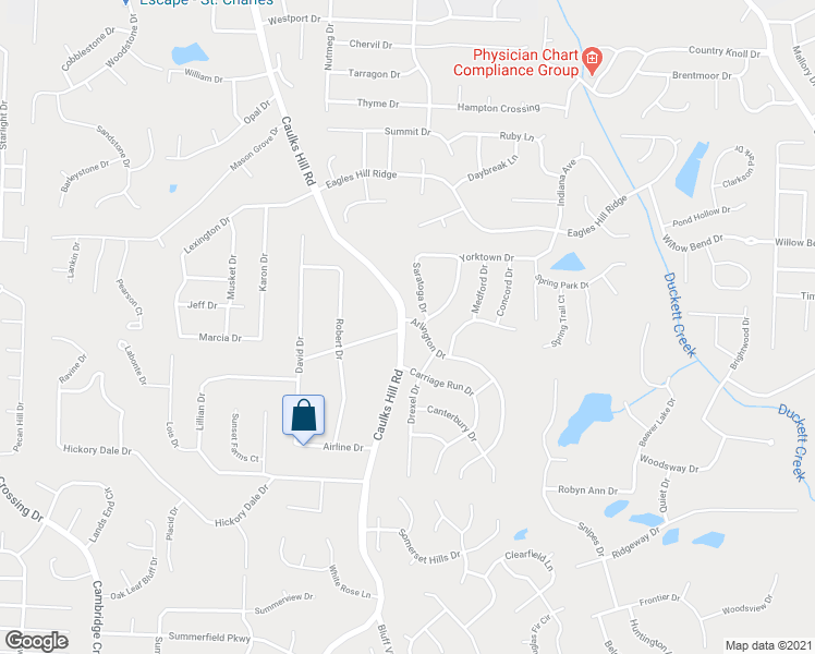 map of restaurants, bars, coffee shops, grocery stores, and more near 3608 Arlington Drive in Saint Charles