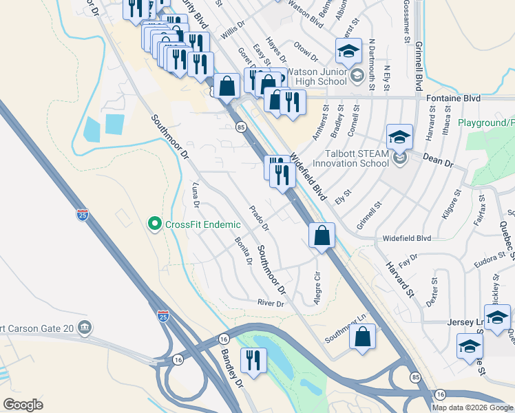 map of restaurants, bars, coffee shops, grocery stores, and more near 1453 Prado Drive in Fountain