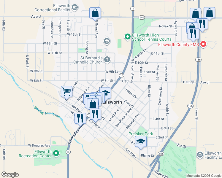 map of restaurants, bars, coffee shops, grocery stores, and more near 100 East 4th Street in Ellsworth