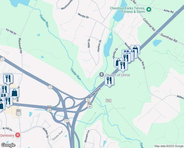 map of restaurants, bars, coffee shops, grocery stores, and more near 7341 Hunton Street in Warrenton