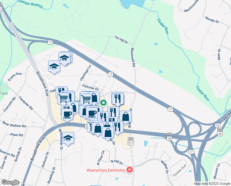 map of restaurants, bars, coffee shops, grocery stores, and more near 728 Pine Tree Ct in Warrenton