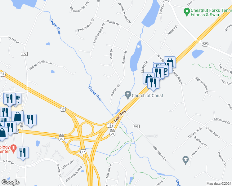 map of restaurants, bars, coffee shops, grocery stores, and more near 7341 Hunton Street in Warrenton