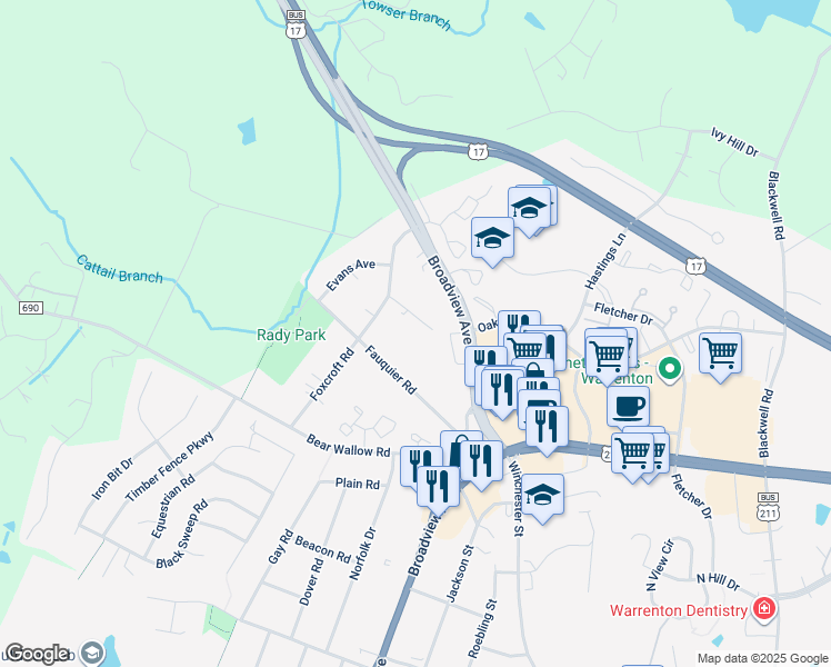 map of restaurants, bars, coffee shops, grocery stores, and more near 550 Solgrove Road in Warrenton