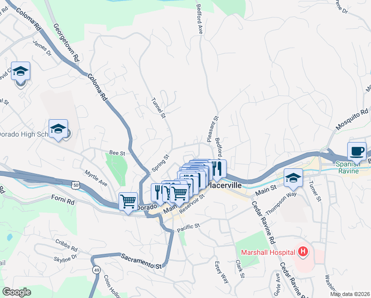 map of restaurants, bars, coffee shops, grocery stores, and more near 891 Cottage Street in Placerville