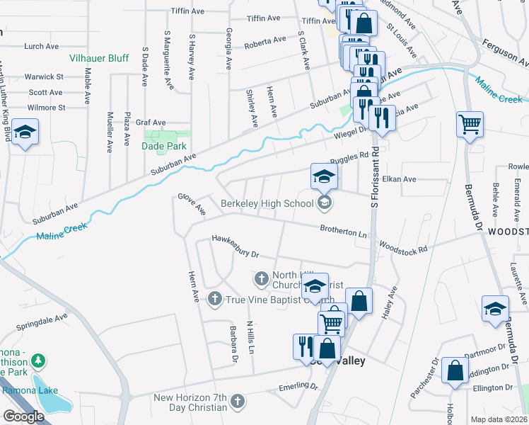 map of restaurants, bars, coffee shops, grocery stores, and more near 520 Brotherton Lane in Ferguson
