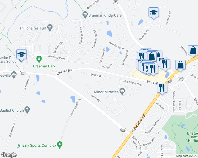 map of restaurants, bars, coffee shops, grocery stores, and more near 10354 Spring Iris Drive in Bristow