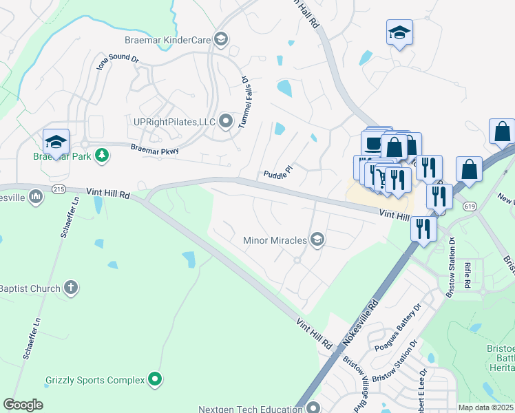 map of restaurants, bars, coffee shops, grocery stores, and more near 10354 Spring Iris Drive in Bristow