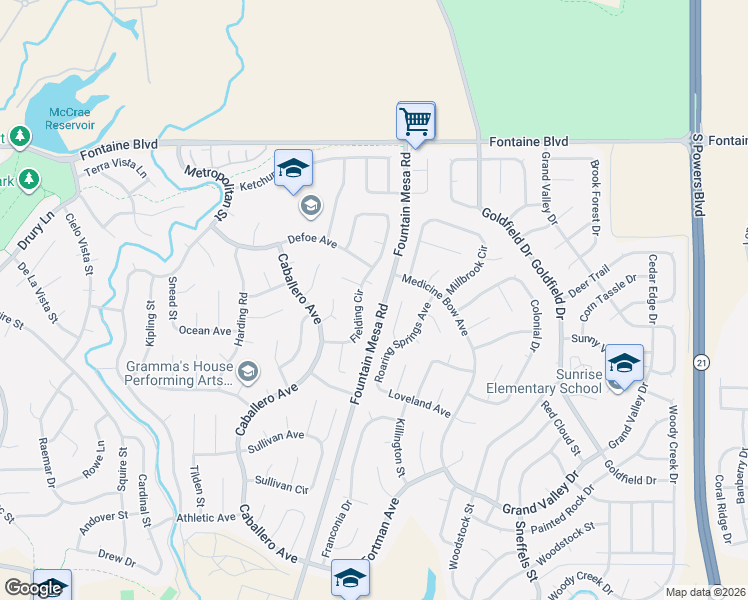 map of restaurants, bars, coffee shops, grocery stores, and more near 6887 Fielding Circle in Colorado Springs