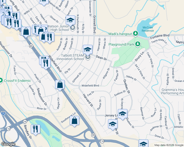 map of restaurants, bars, coffee shops, grocery stores, and more near 163 Ithaca Street in Colorado Springs