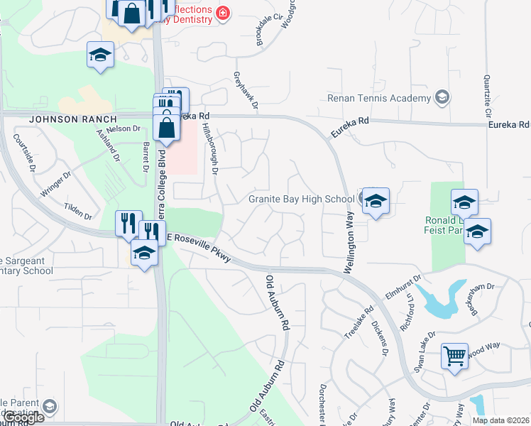 map of restaurants, bars, coffee shops, grocery stores, and more near 631 Keswick Court in Roseville