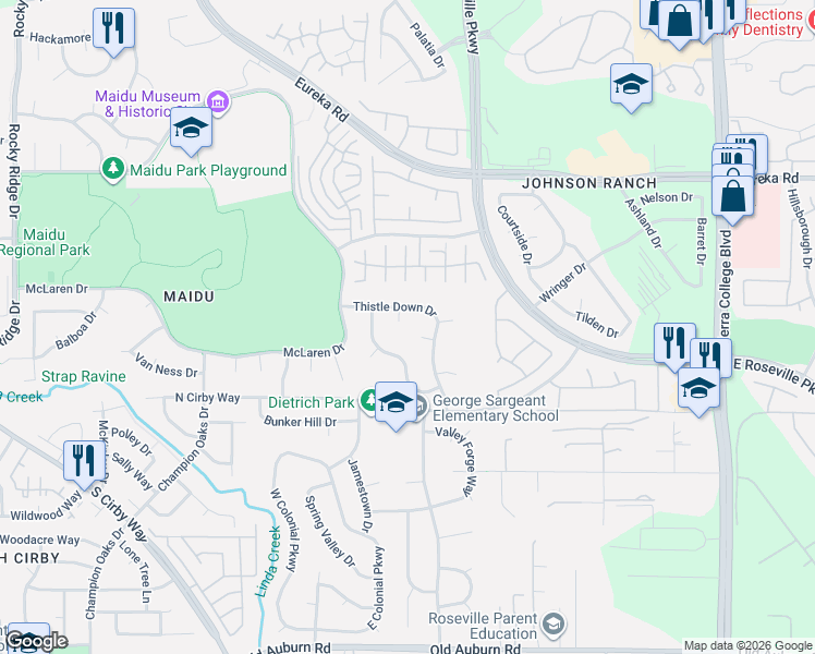 map of restaurants, bars, coffee shops, grocery stores, and more near 1013 Chippendale Way in Roseville