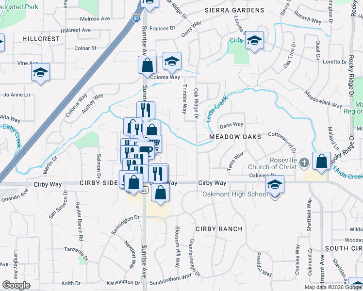 map of restaurants, bars, coffee shops, grocery stores, and more near 1169 Green Hill Drive in Roseville