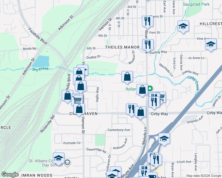 map of restaurants, bars, coffee shops, grocery stores, and more near 417 Milan Court in Roseville