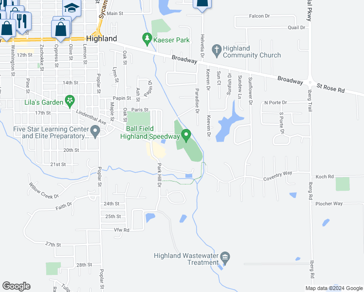 map of restaurants, bars, coffee shops, grocery stores, and more near Race Track Rd in Highland