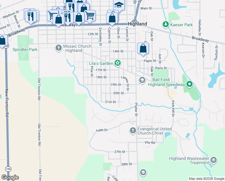 map of restaurants, bars, coffee shops, grocery stores, and more near 2007 Cypress Street in Highland