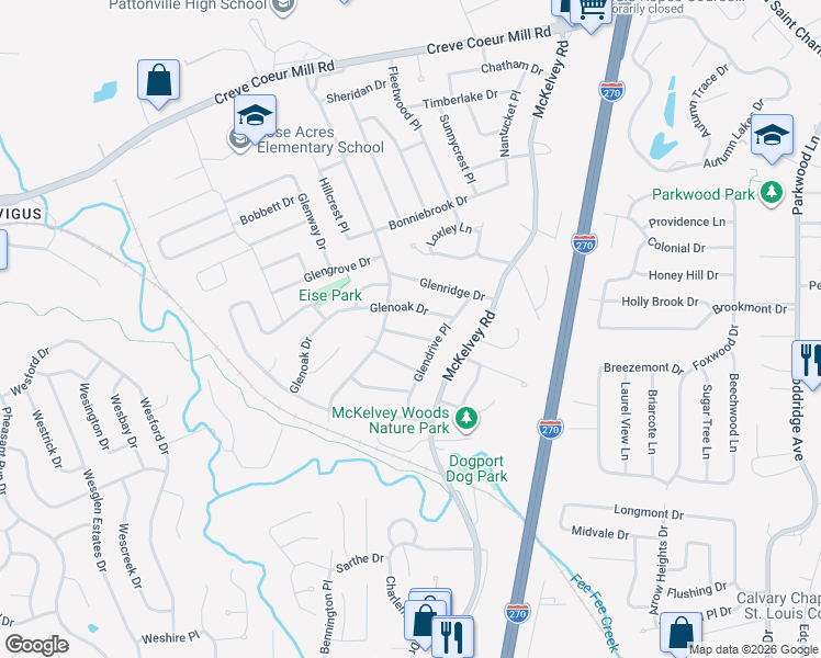 map of restaurants, bars, coffee shops, grocery stores, and more near 11943 Glen West Drive in Maryland Heights