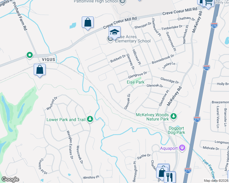 map of restaurants, bars, coffee shops, grocery stores, and more near 12109 Glenpark Drive in Maryland Heights
