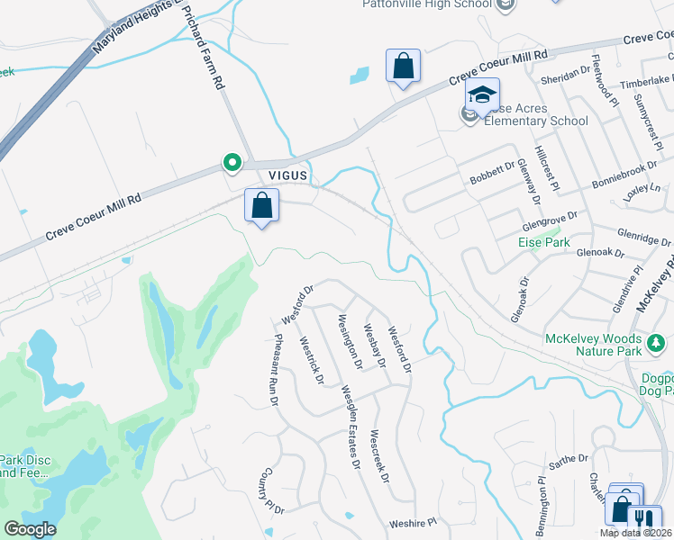 map of restaurants, bars, coffee shops, grocery stores, and more near 2541 Wesford Drive in Maryland Heights