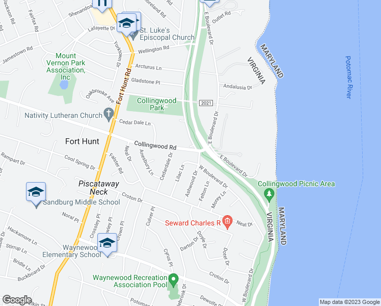map of restaurants, bars, coffee shops, grocery stores, and more near 1003 Collingwood Road in Alexandria