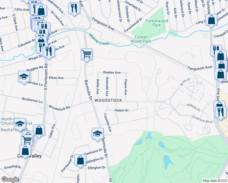 map of restaurants, bars, coffee shops, grocery stores, and more near 6104 Emerald Avenue in Ferguson