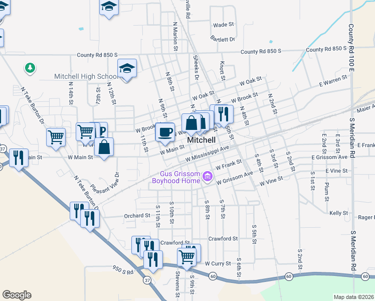 map of restaurants, bars, coffee shops, grocery stores, and more near 801 West Mississippi Avenue in Mitchell