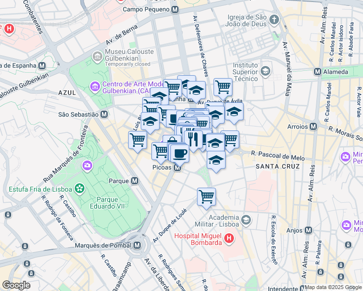 map of restaurants, bars, coffee shops, grocery stores, and more near 41 Avenida Fontes Pereira de Melo in Lisboa
