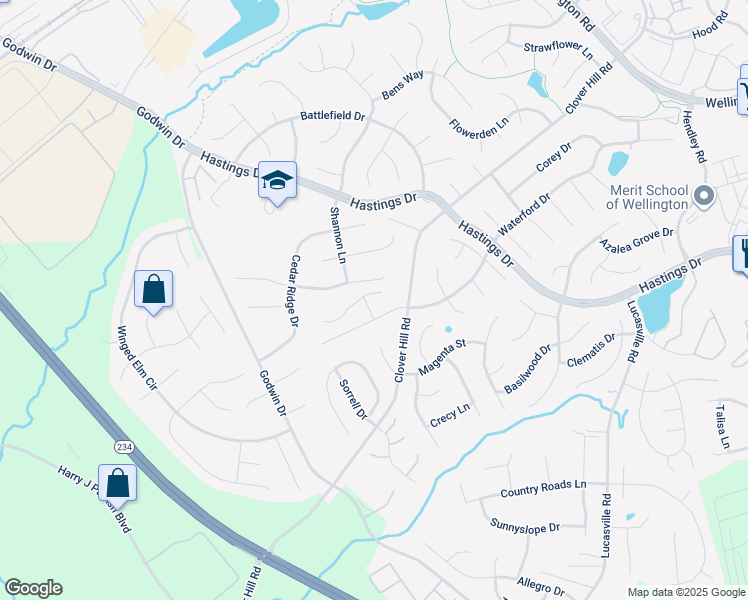 map of restaurants, bars, coffee shops, grocery stores, and more near 10103 Makelys Way in Manassas
