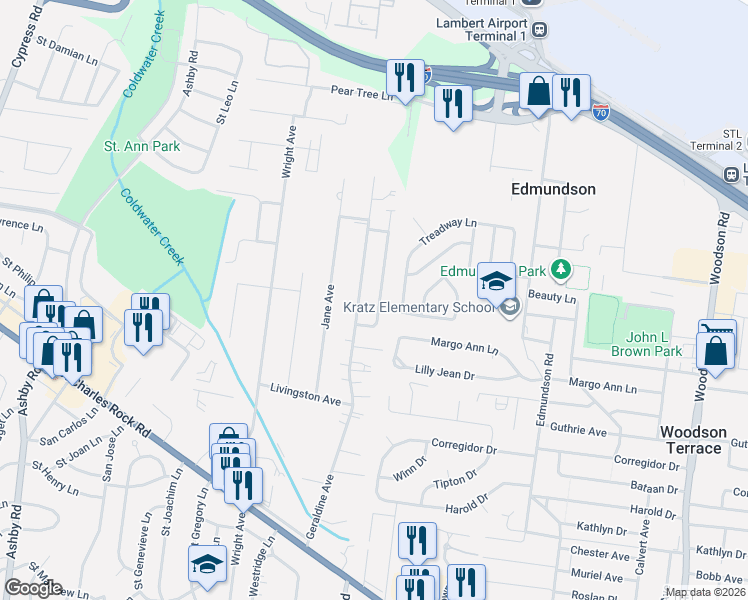 map of restaurants, bars, coffee shops, grocery stores, and more near 4007 Esseldale Drive in Saint Ann