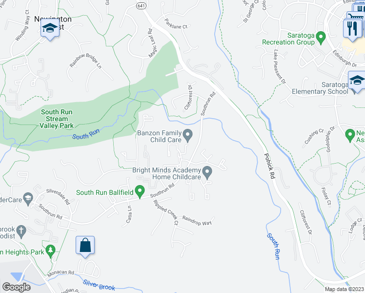 map of restaurants, bars, coffee shops, grocery stores, and more near 8306 Brookvale Court in Springfield