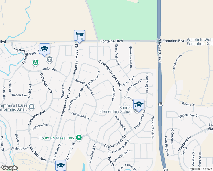 map of restaurants, bars, coffee shops, grocery stores, and more near 7310 Colonial Court in Fountain
