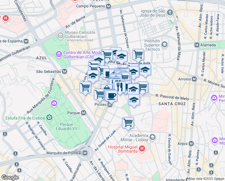 map of restaurants, bars, coffee shops, grocery stores, and more near 41 Avenida Fontes Pereira de Melo in Lisboa
