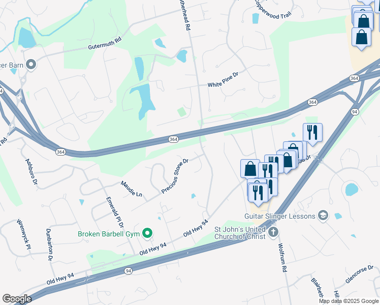 map of restaurants, bars, coffee shops, grocery stores, and more near 5 Shady Moss Court in Saint Charles