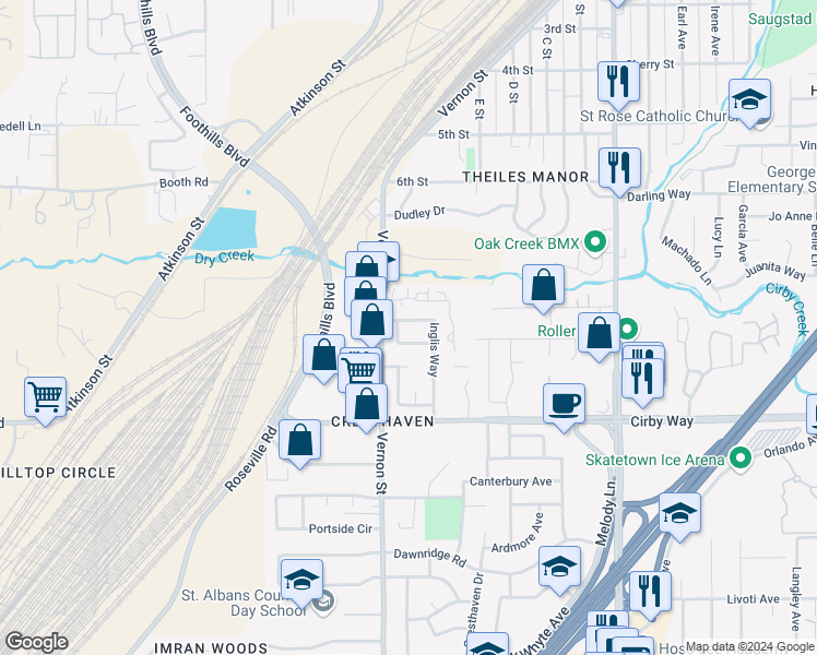 map of restaurants, bars, coffee shops, grocery stores, and more near 1956 Inglis Way in Roseville