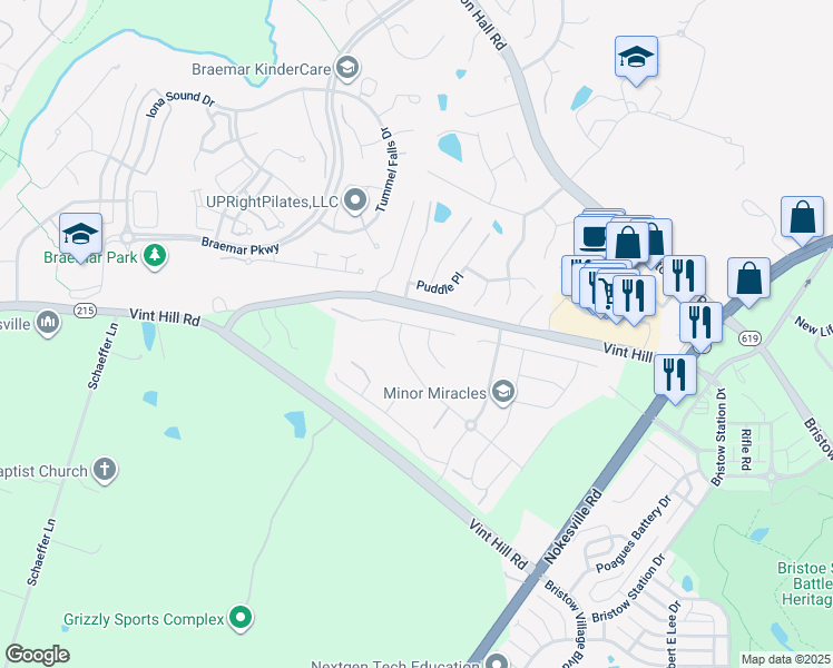 map of restaurants, bars, coffee shops, grocery stores, and more near 12223 Sedge Street in Prince William County