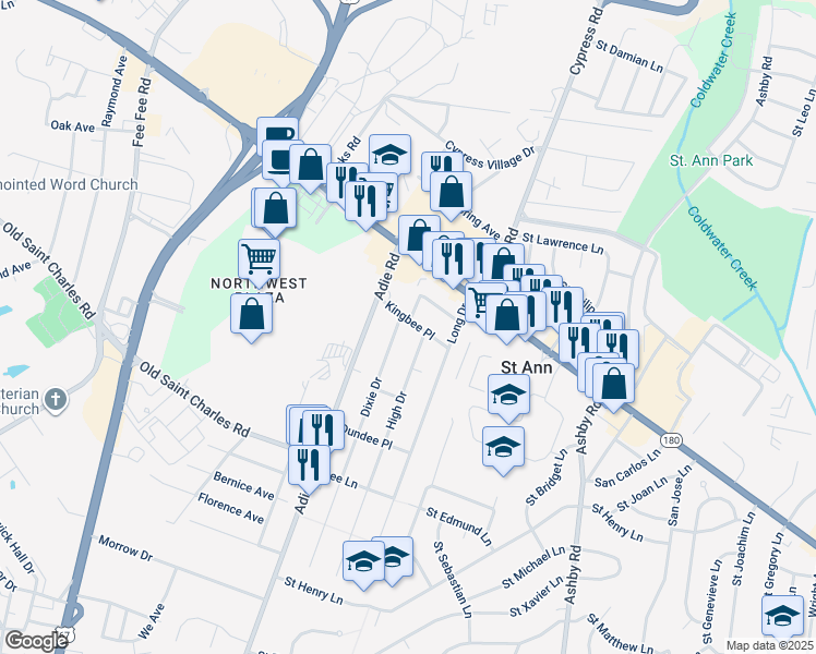 map of restaurants, bars, coffee shops, grocery stores, and more near 3750 High Drive in Saint Ann
